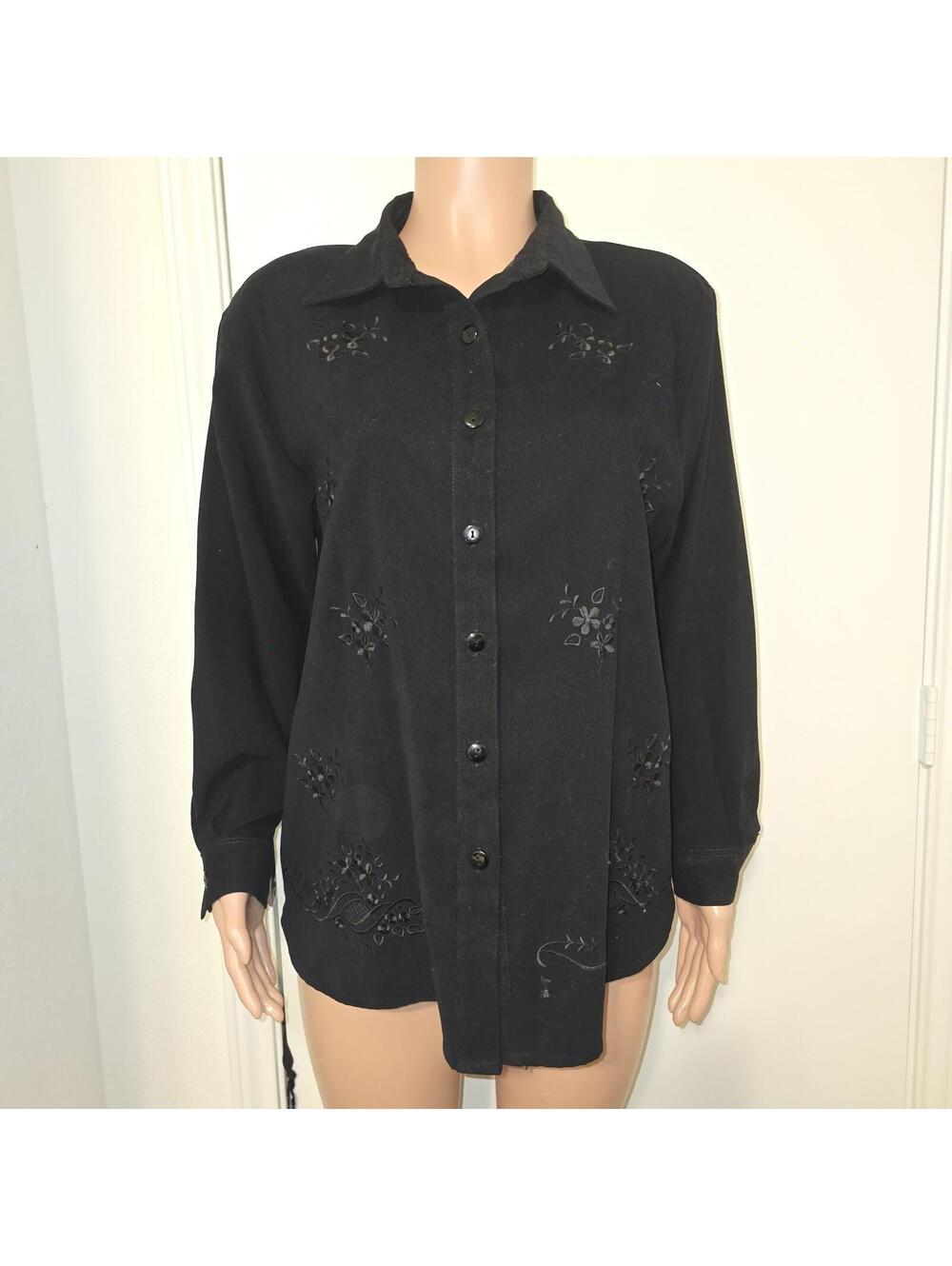 VTG 90s Long Sleeve Black Tonal Floral Embroidery Sz XL Dark Feminine